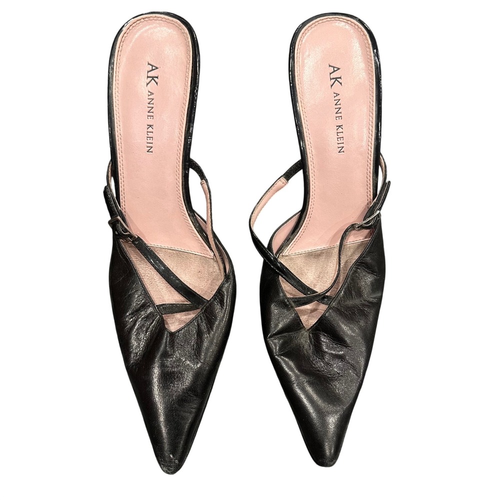 AK Anne Klein Womens Black Leather Pointed Toe Crisscross Strap Mules Heels 7M